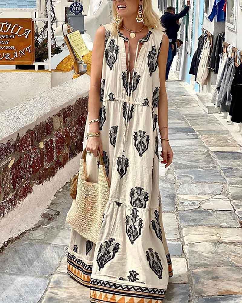 Casual sleeveless boho print dress