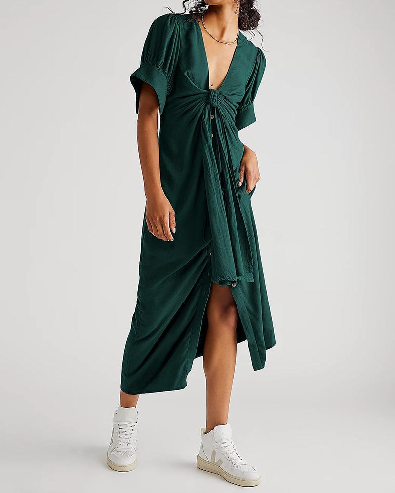 Solid color casual V-neck dress