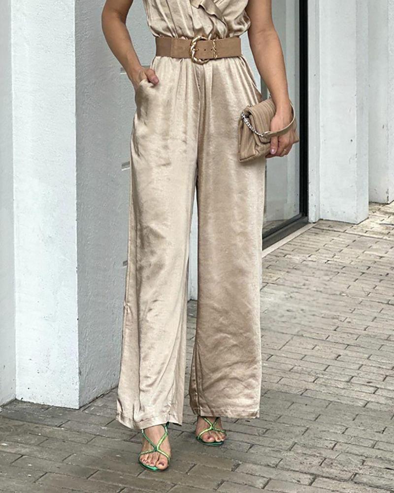 Solid color ruffled suspender jumpsuit