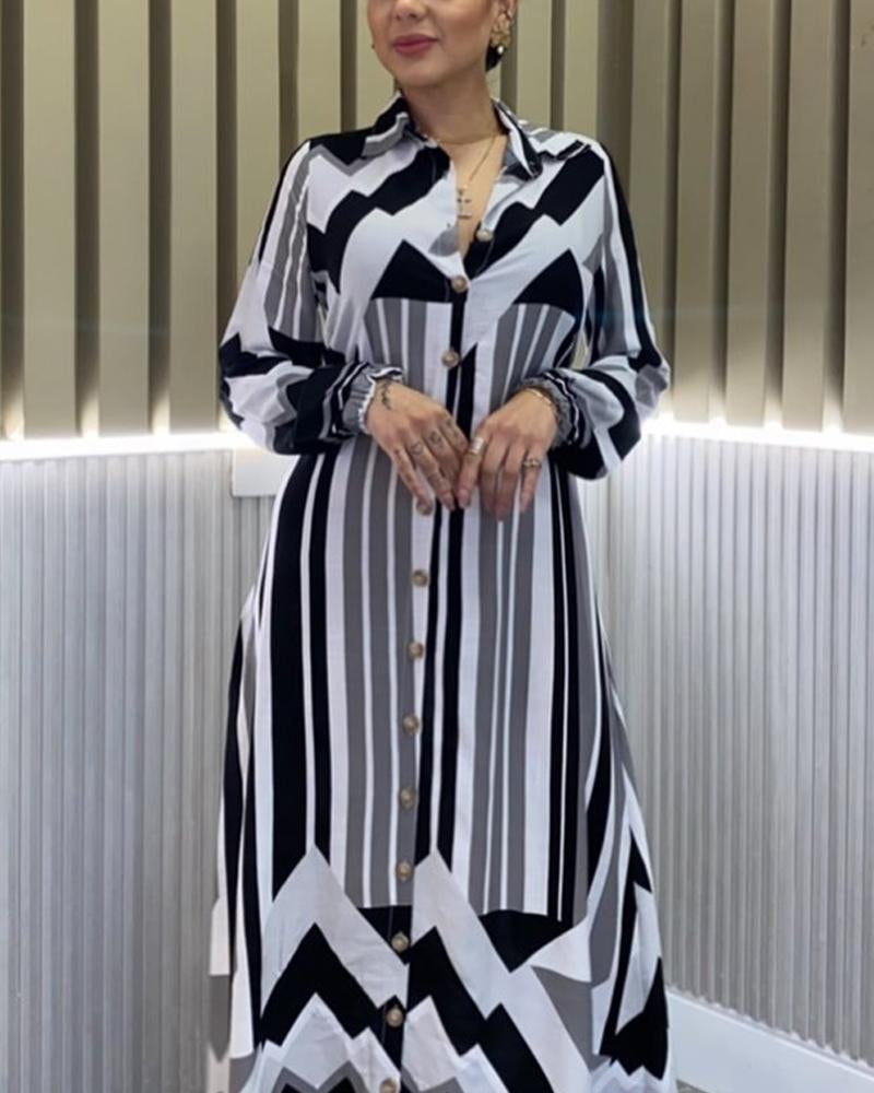 Black And White Striped Printed Long Sleeve Dress