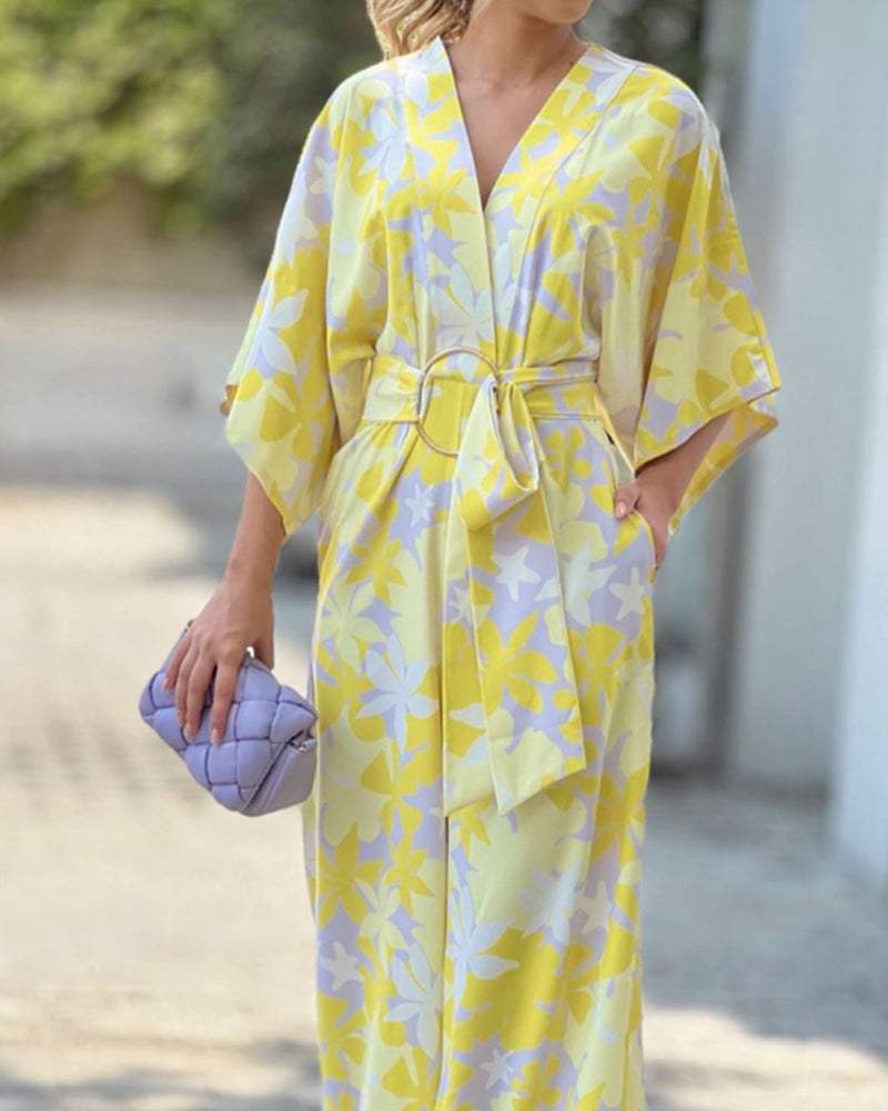 Casual V-Neck Loose Floral Print Jumpsuit