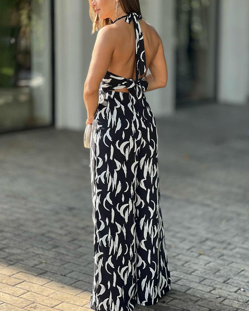 Halterneck cutout backless printed jumpsuit