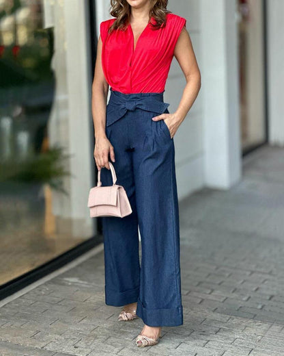 Sleeveless V-neck top & denim trousers two-piece set