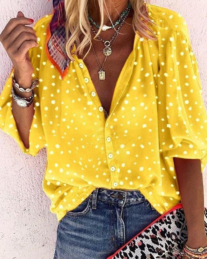 Polka Dot Floral Print Lapel Shirt