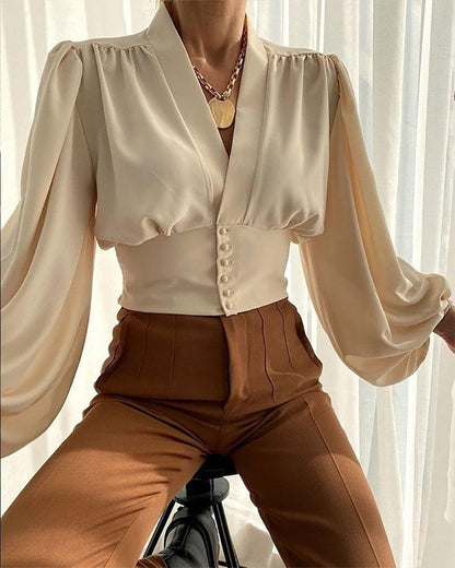 V-neck puff-sleeve top shirt