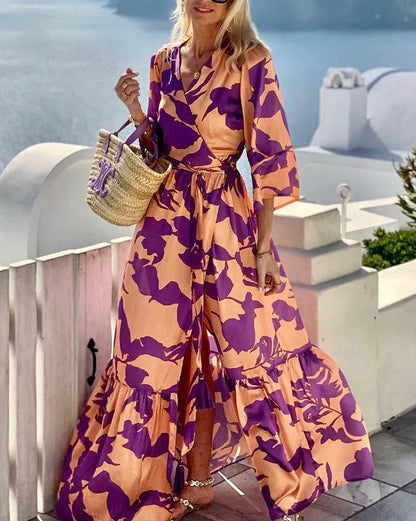 Elegant V-neck long-sleeve printed dress