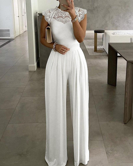 Solid color sleeveless lace jumpsuit