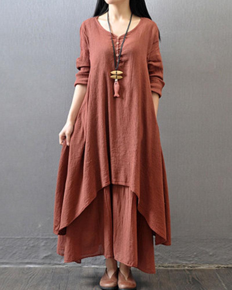 Loose Long Sleeved Cotton Linen Dress