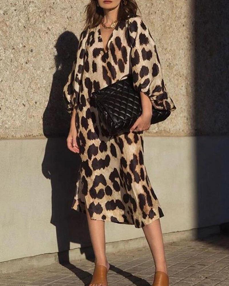 Stylish Balloon Sleeve Leopard Dress