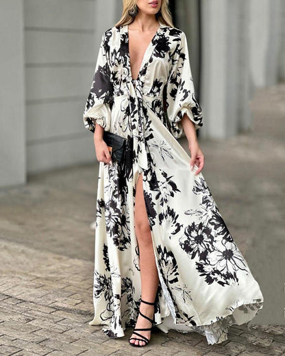 Stylish deep V-neck high-waist print dress