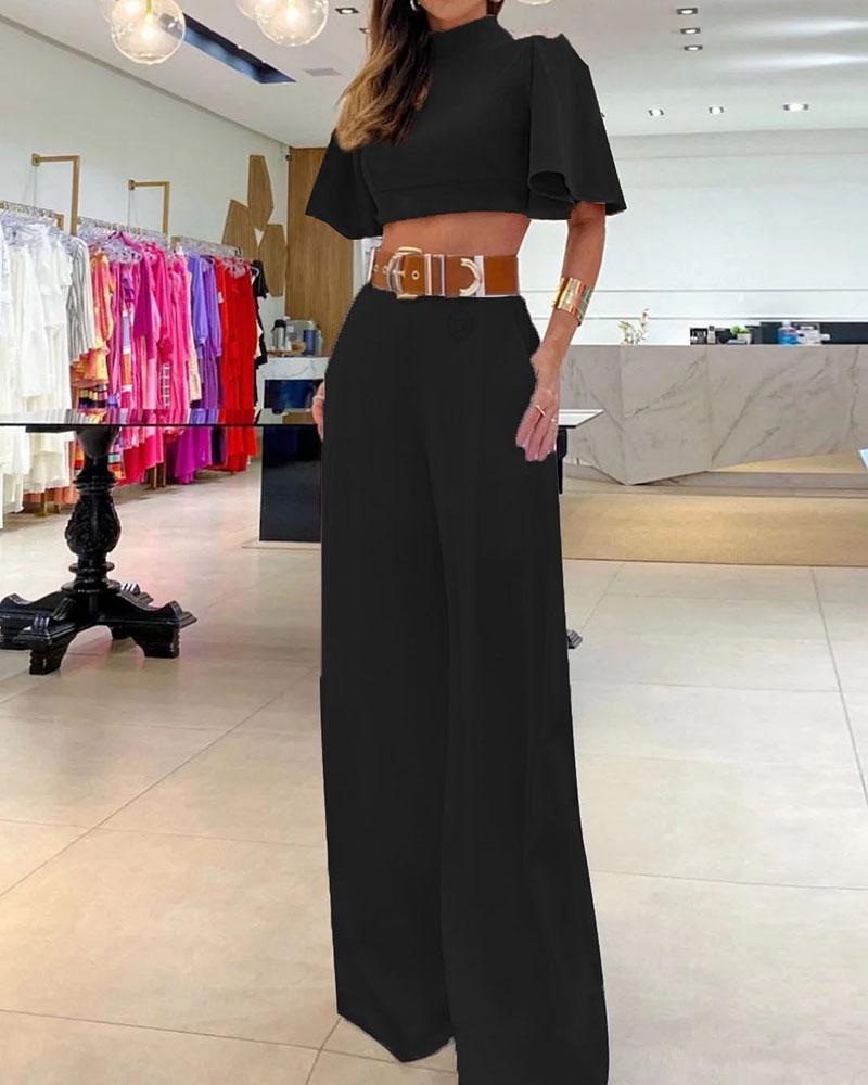 Turtleneck flared sleeve top and wide-leg pants two-piece set