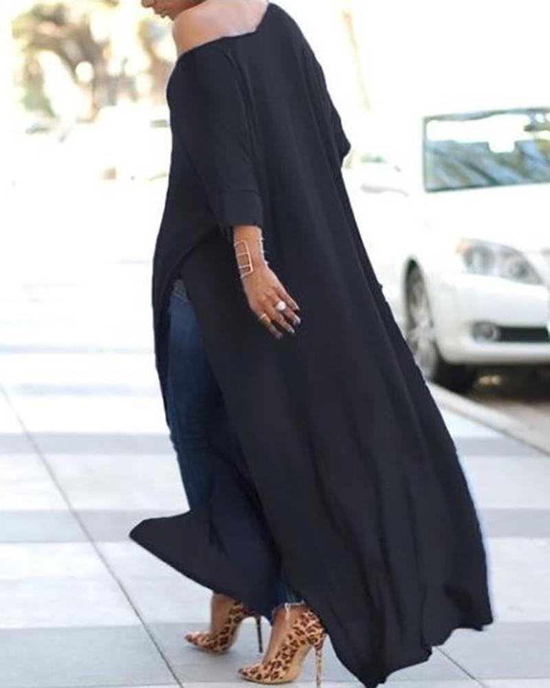 Solid color round neck long sleeve slit dress