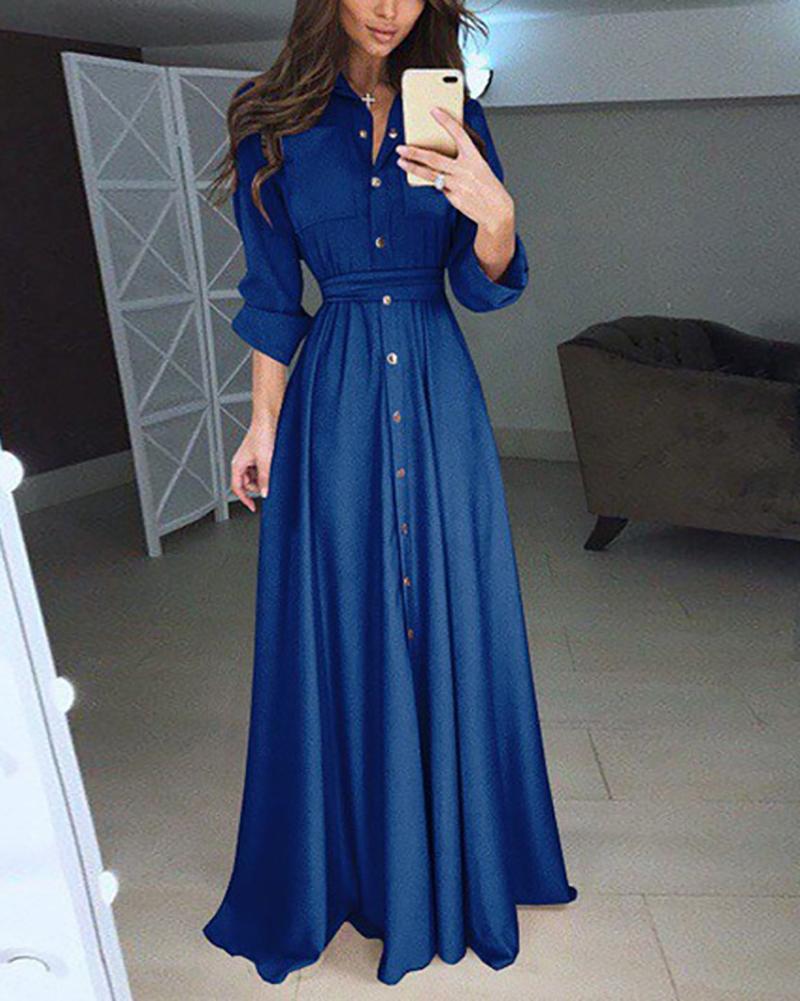 Vintage Long-Sleeve Bohemian Lace-Up Tunic Casual Maxi Dress