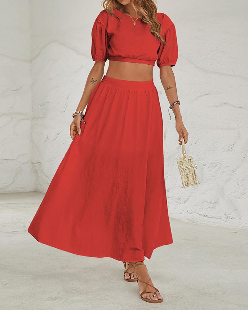 Solid Color Short Sleeve Cropped Top and Skirt Two-Piece Set