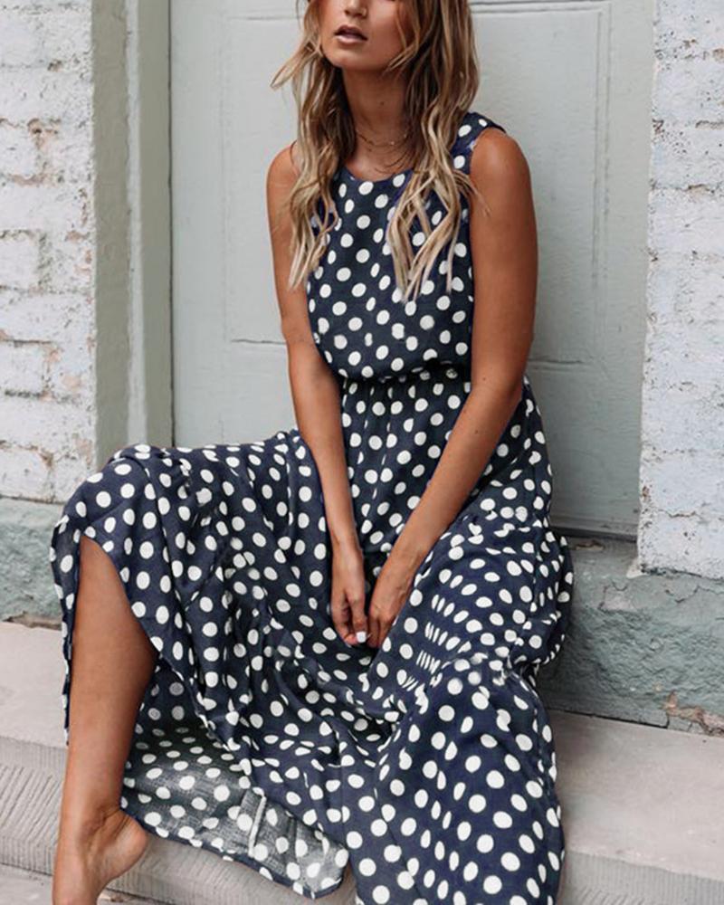 Versatile Printed Polka Dot Round Neck Dress