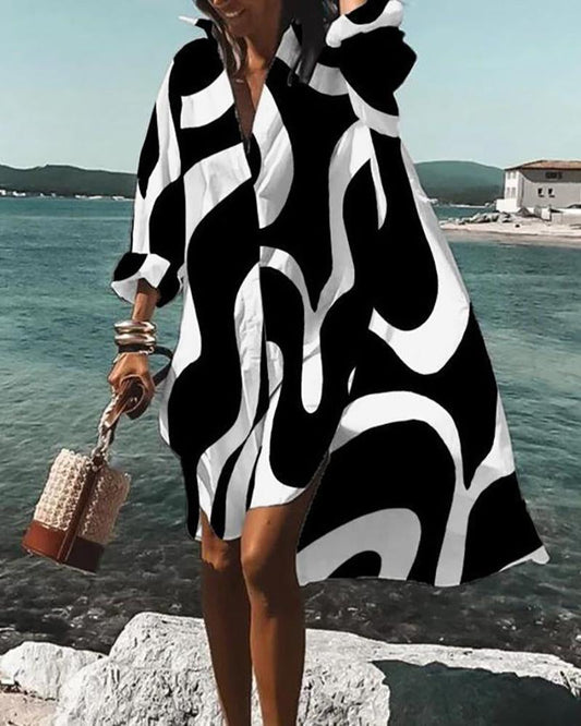 Loose lapel long-sleeved printed dress