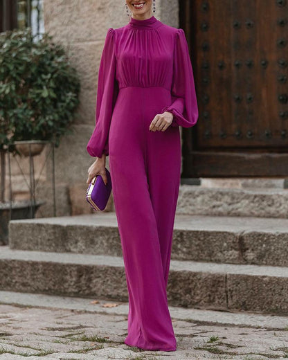 Elegant stand collar open back high waist jumpsuit