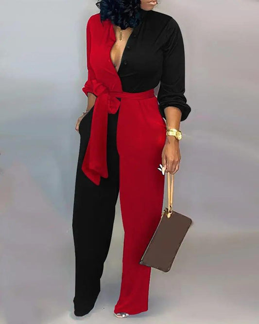 Casual color-block long-sleeved jumpsuit