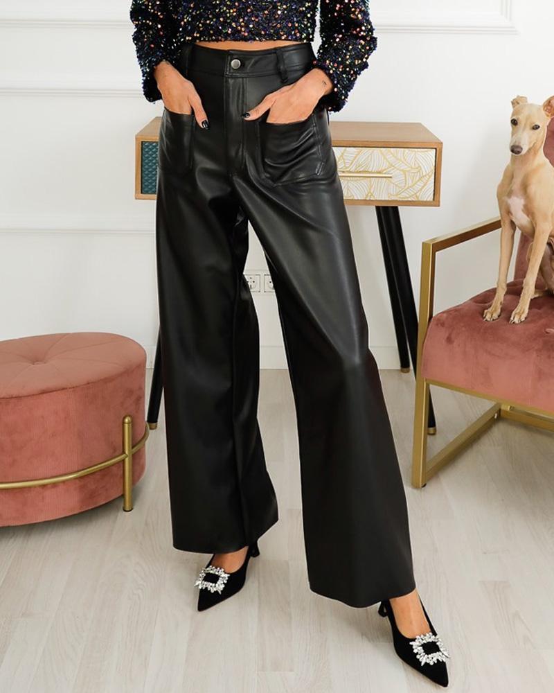 Sequin Long Sleeve Top Leather Pants Set