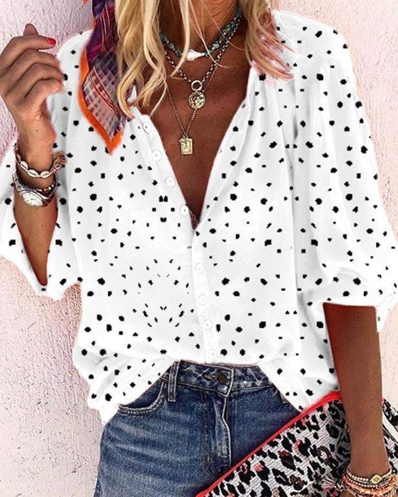 Polka Dot Floral Print Lapel Shirt