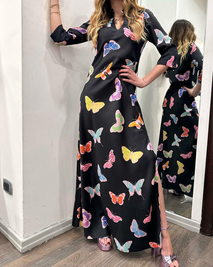 Elegant V Neck Long Sleeve Butterfly Dress