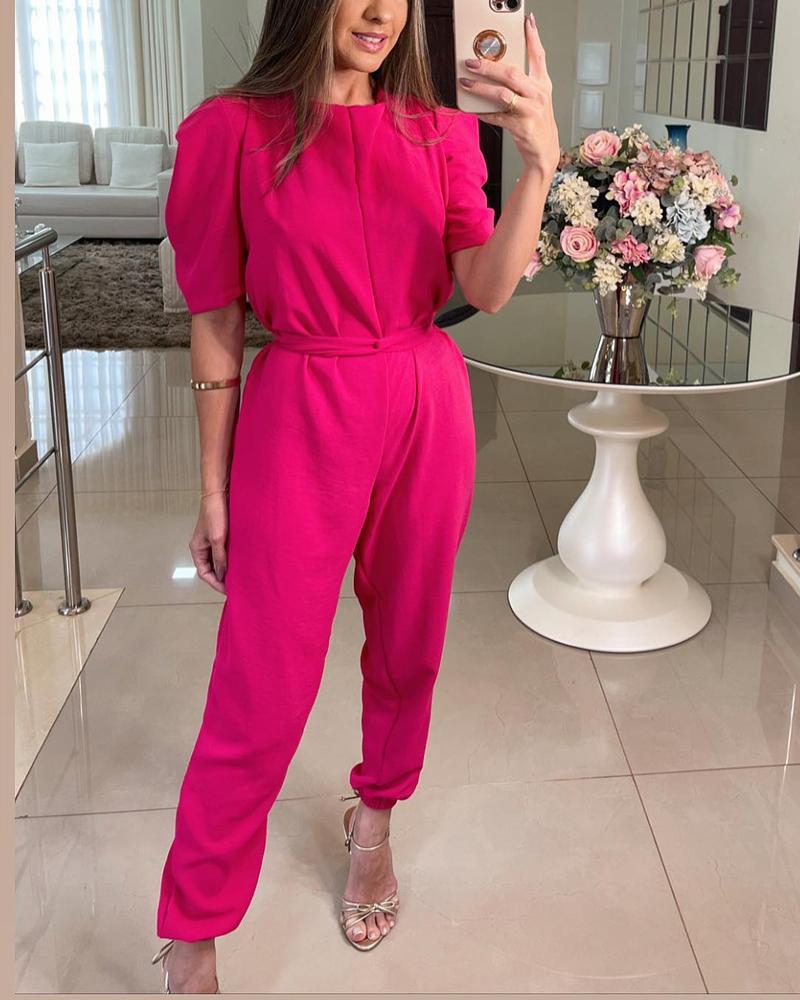 Solid Color Round Neck Medium Sleeve Tapered Jumpsuit