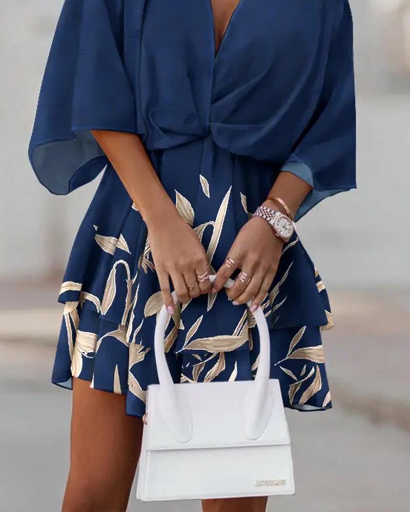 V-neck Loose Bat Sleeve Print Dress