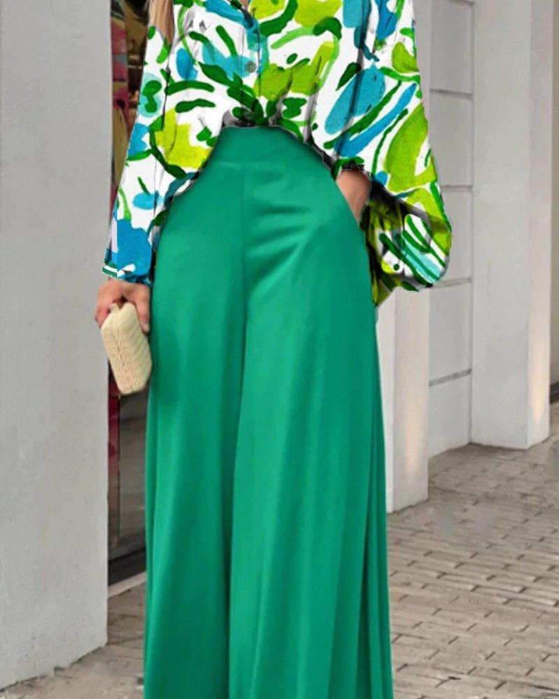 Casual Print Shirt & Wide Leg Pants Two-Piece Set