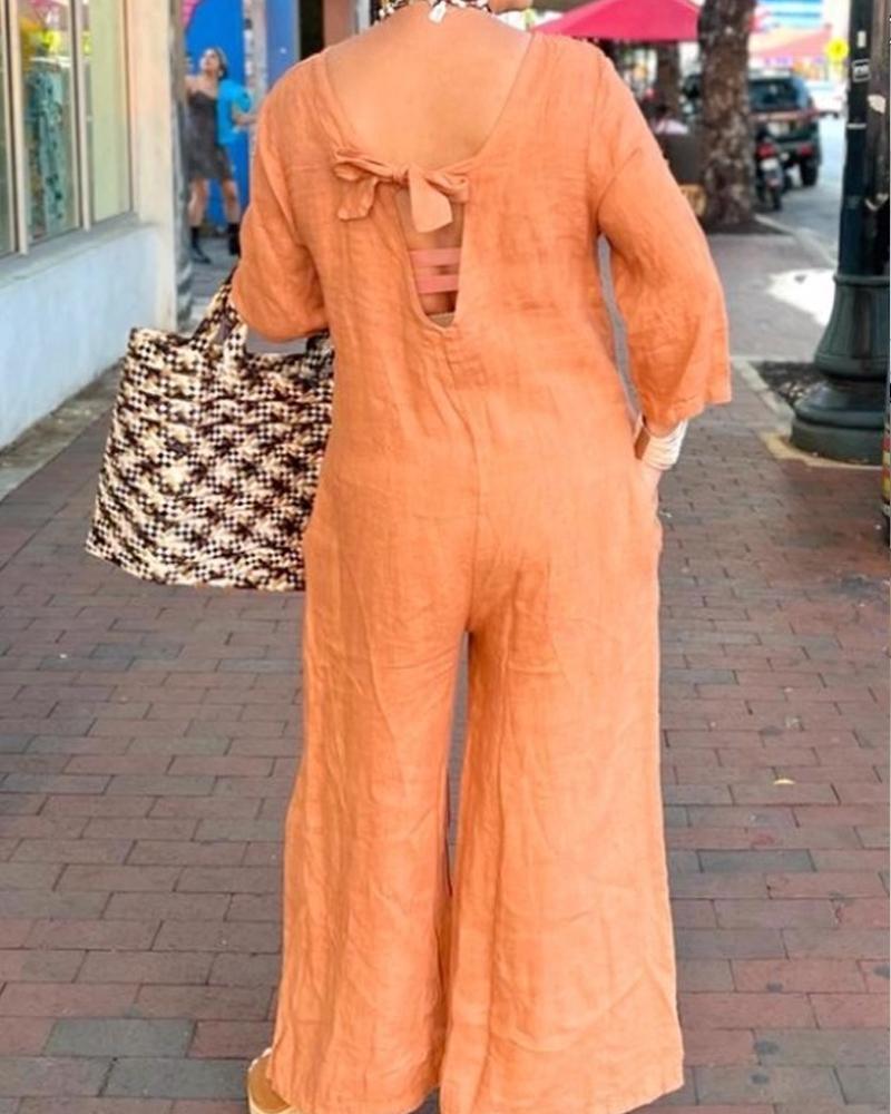 Crewneck Cotton And Hemp Solid Color Loose Jumpsuit