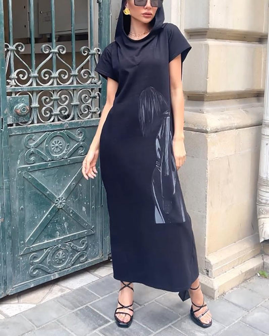 Black short sleeve hooded dress