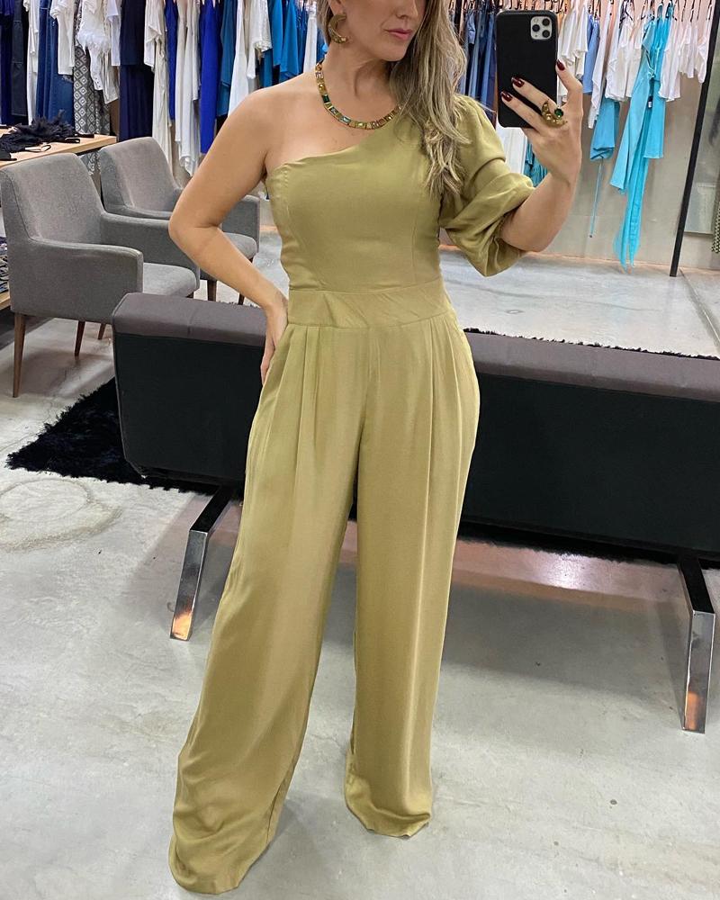 One Shoulder Fashion Casual Solid Jumpsuit