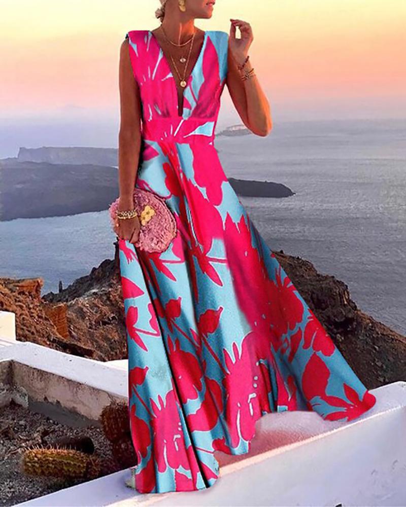 Deep V sleeveless maxi print dress