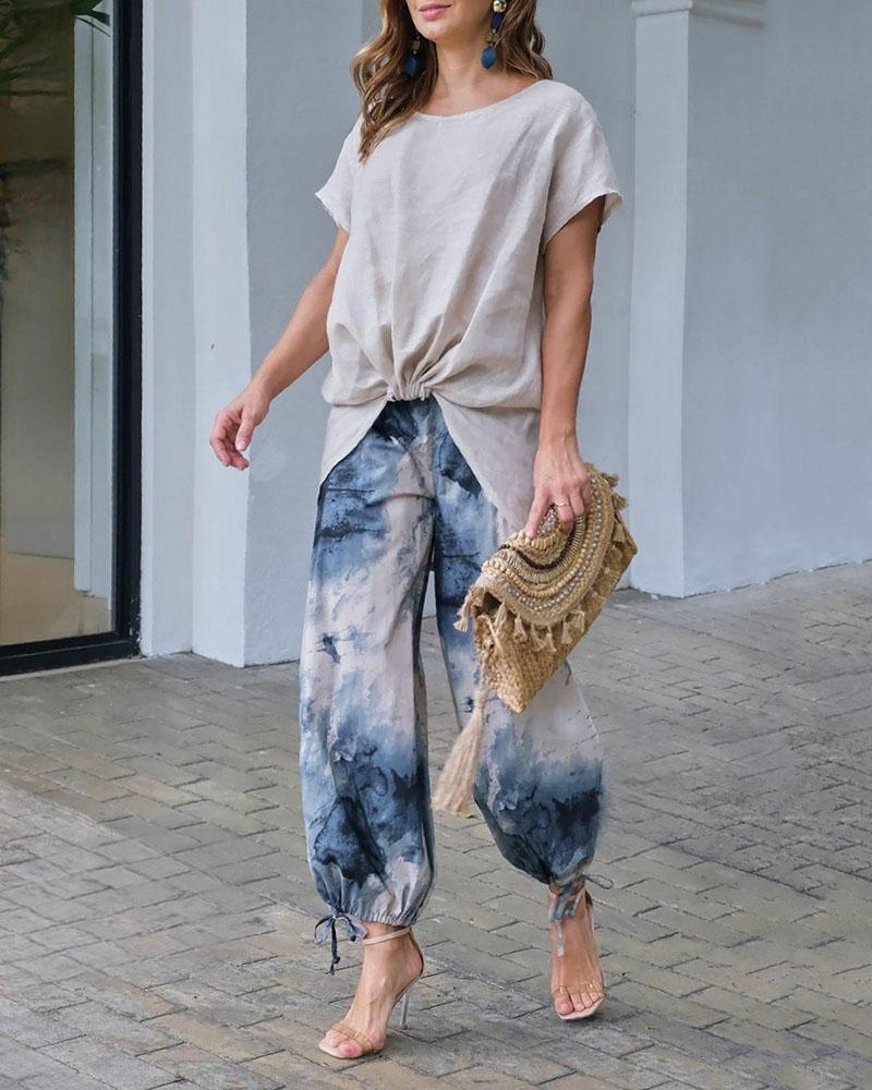 Set of solid color short-sleeved top & tie-dye pants