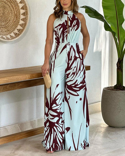 Halter Neck Sleeveless High Waist Print Jumpsuit