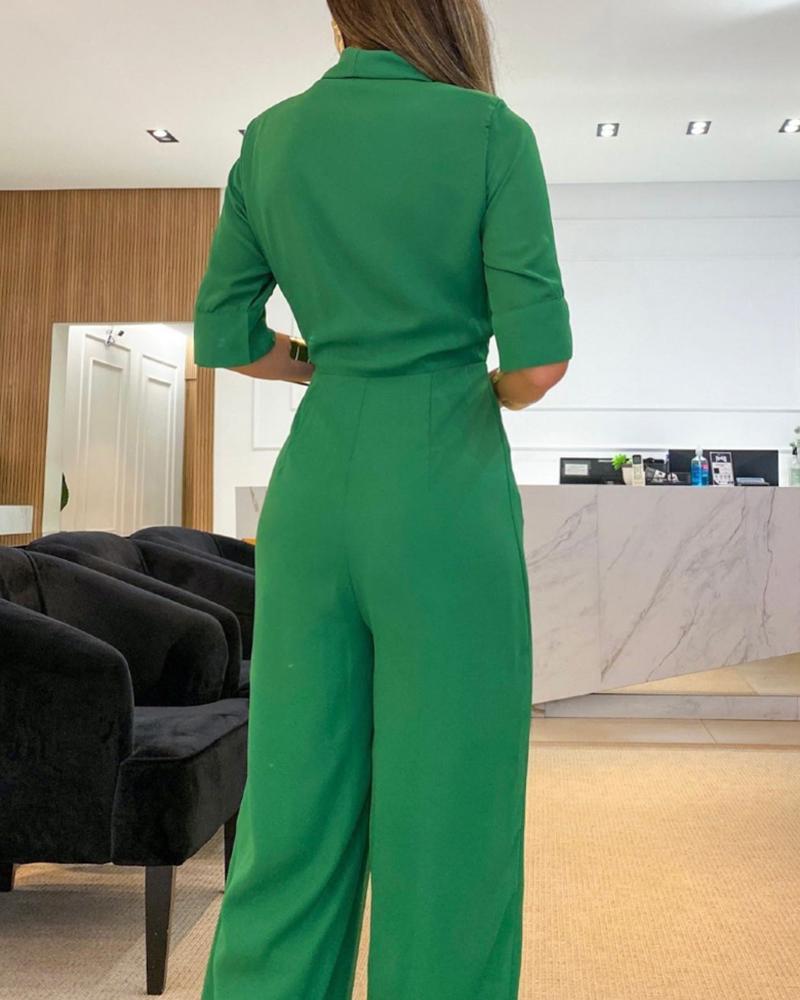 Solid color V-neck half-sleeved high-waist jumpsuit