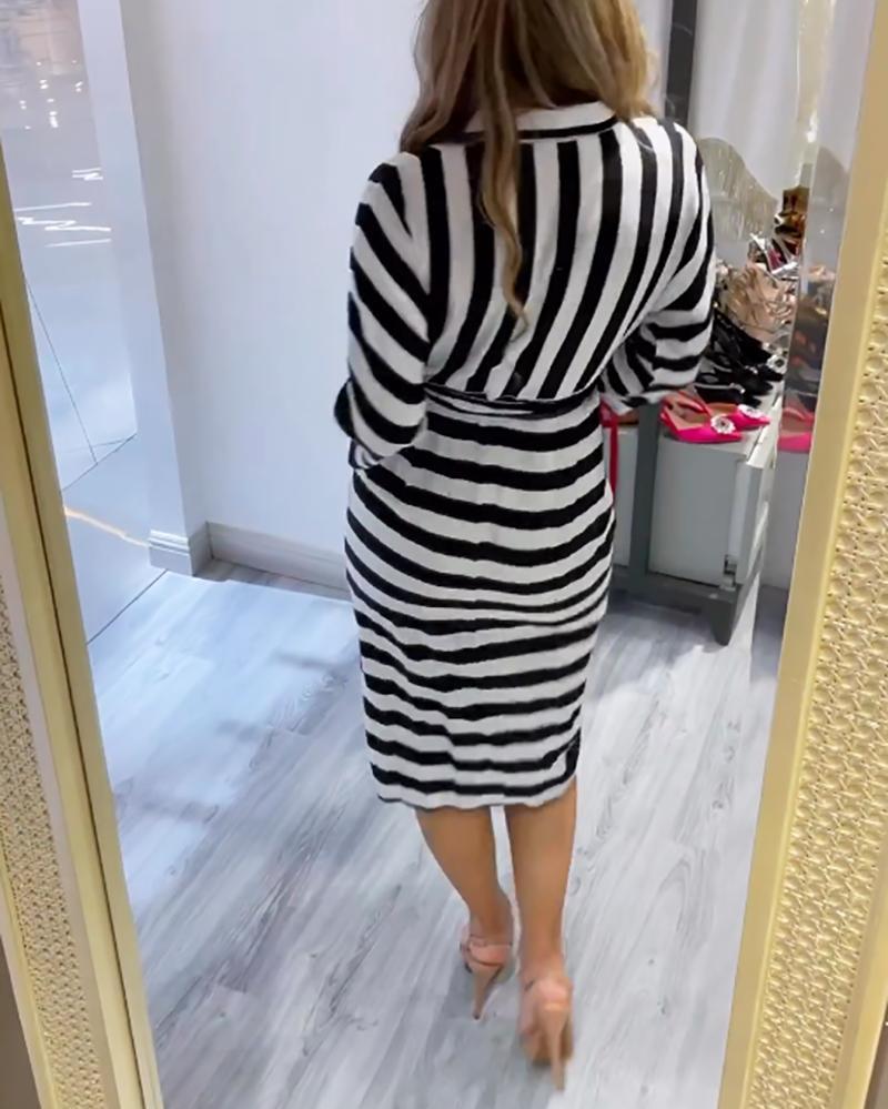 Trendy Long Sleeve Striped Tie Dress