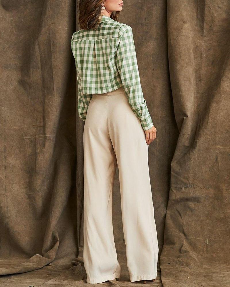 Two-piece suit of cropped plaid shirt & straight-leg pants