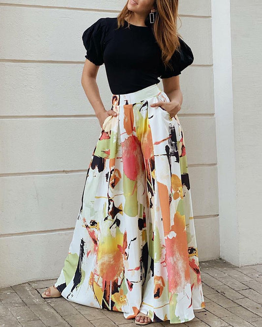 Two Piece Set of Casual Short Sleeve T-Shirt & Printed Wide Leg Pants