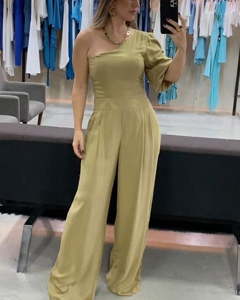 One Shoulder Fashion Casual Solid Jumpsuit