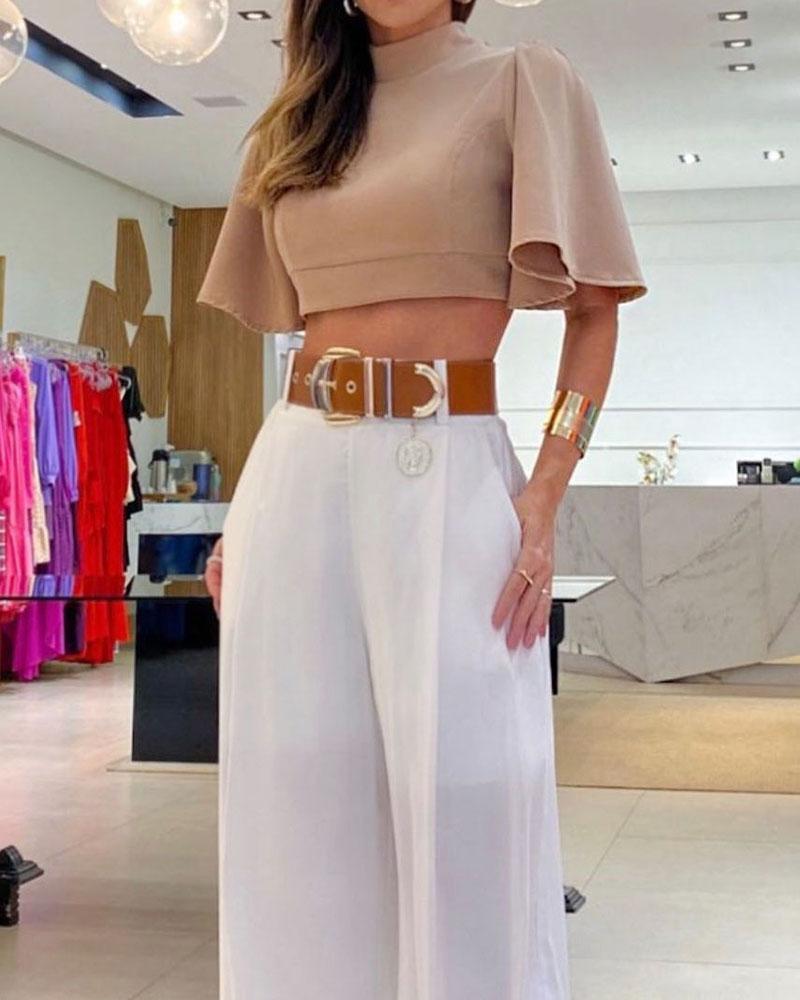 Turtleneck flared sleeve top and wide-leg pants two-piece set