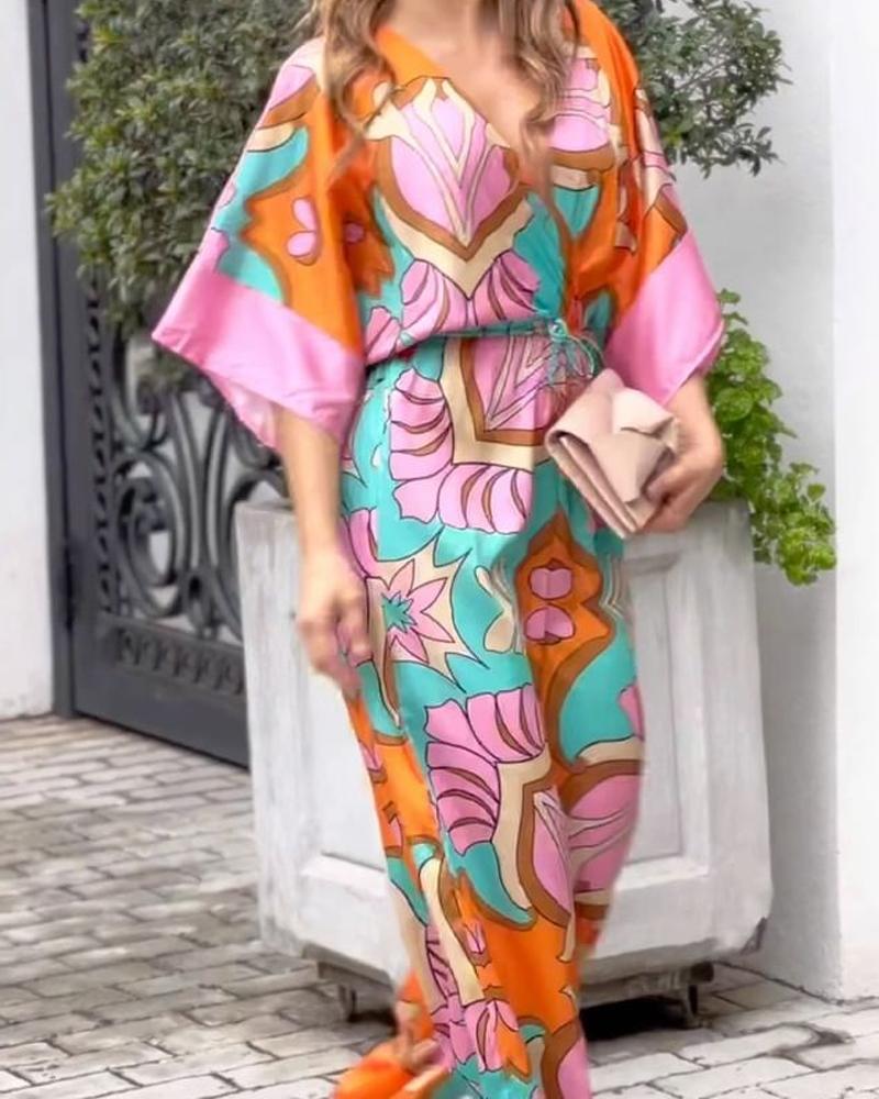 V-Neck Printed Mid-Sleeve Loose Wide-Leg Pants