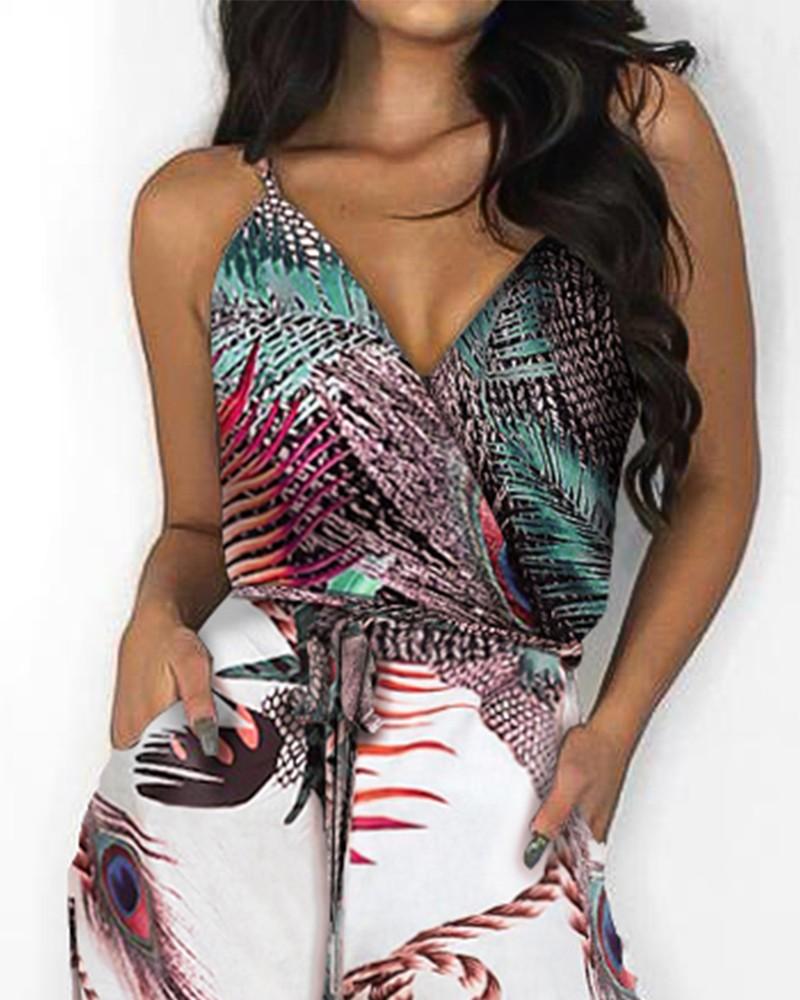 Sexy backless V-neck printed suspender jumpsuit