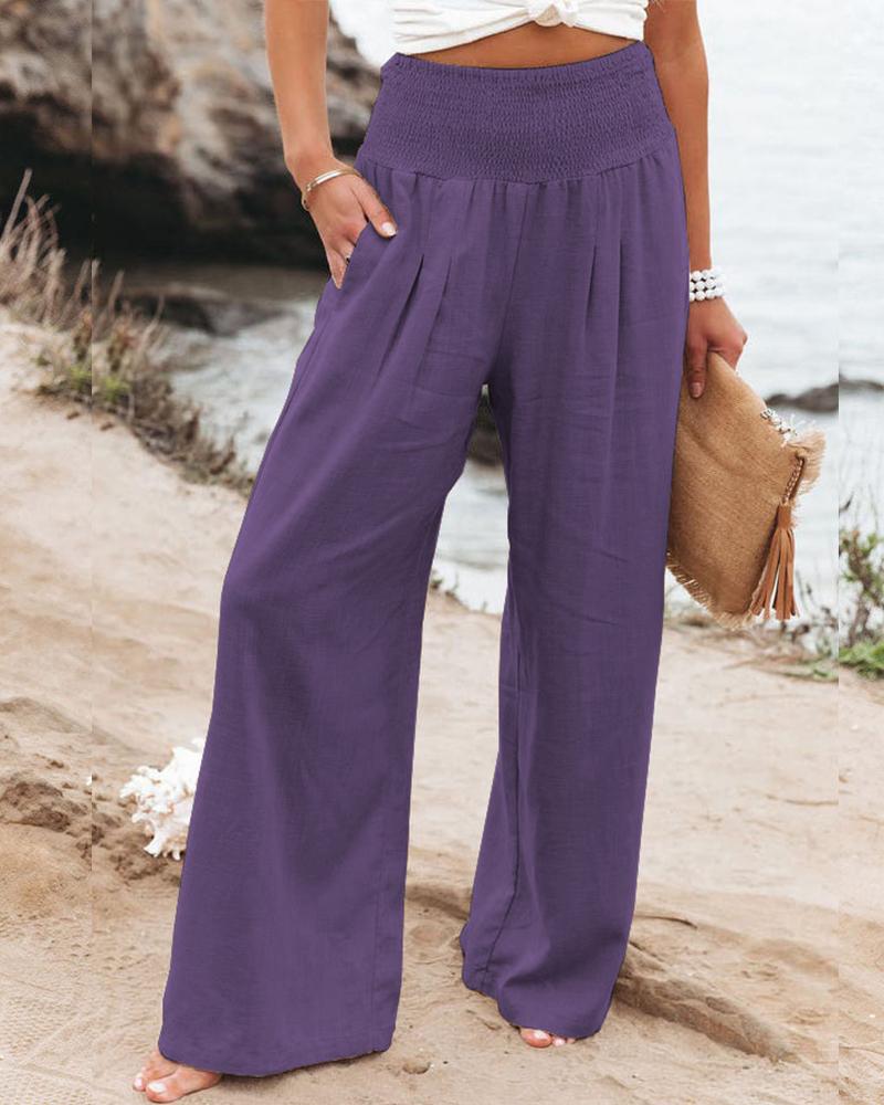 Casual Solid Cotton Linen Wide Leg Pants