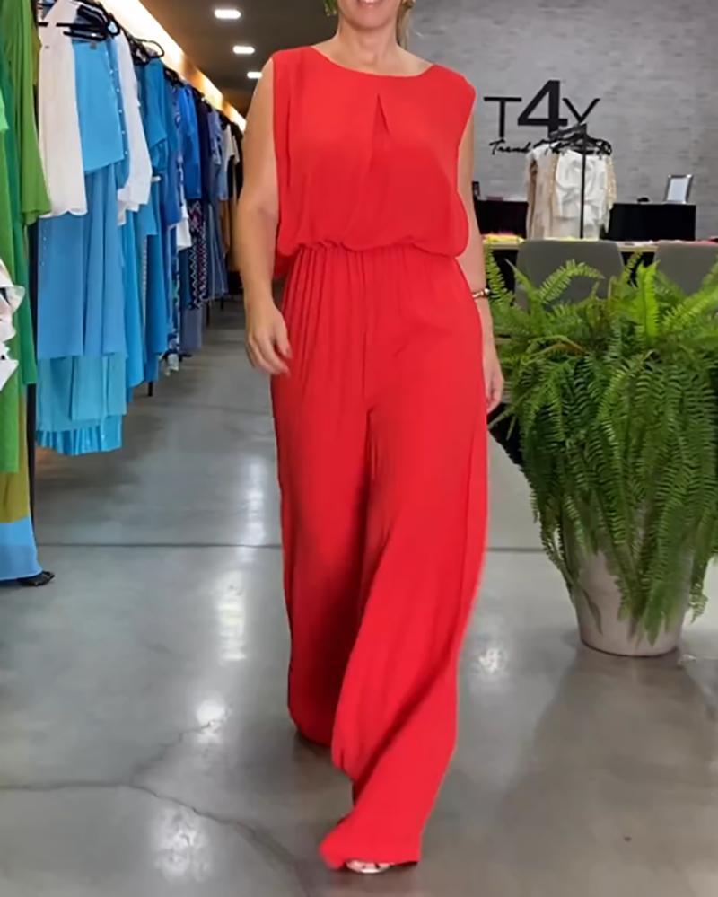 Solid color sleeveless jumpsuit with tassels on the back