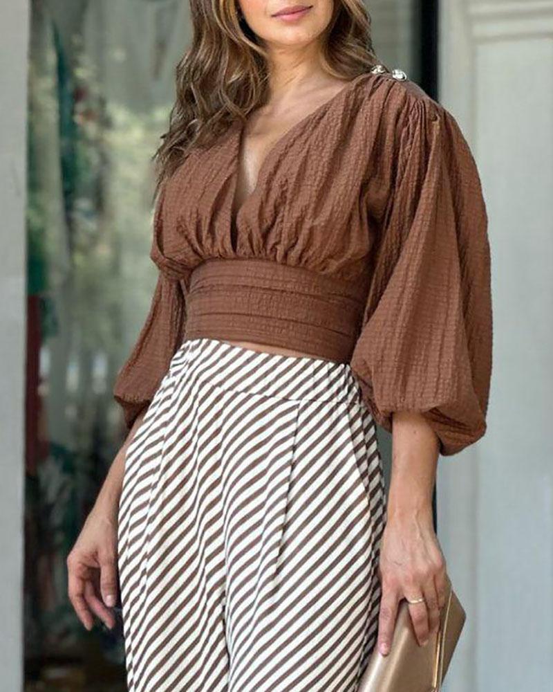 Two-piece set of V-neck puff sleeve top & striped pants