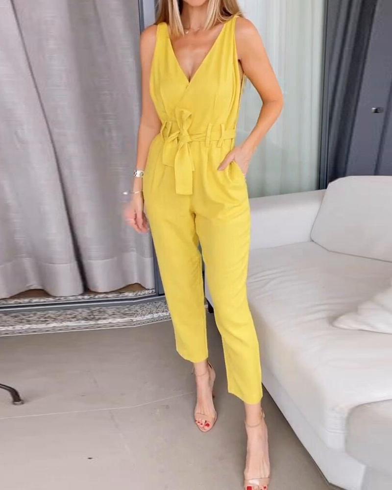 Solid color tie high waist V neck jumpsuit