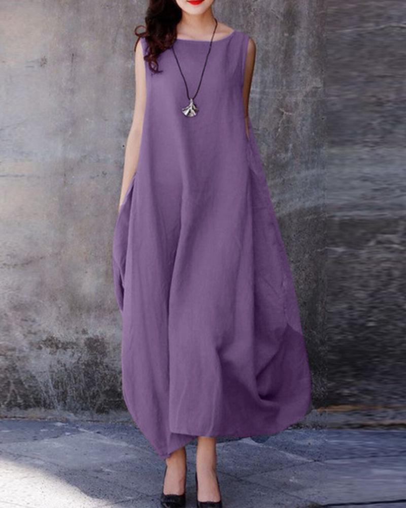 Cotton Linen Loose Large Hem Casual Solid Dress