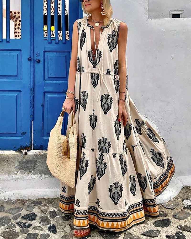 Casual sleeveless boho print dress