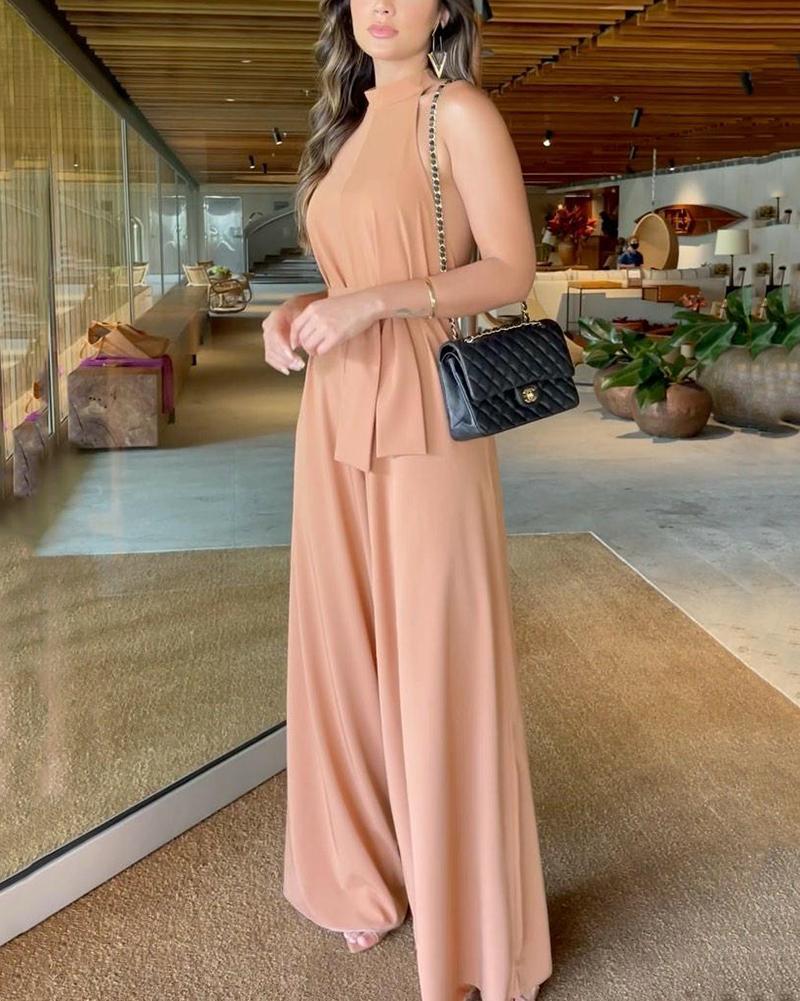 Solid Color Sleeveless High Waist Jumpsuit