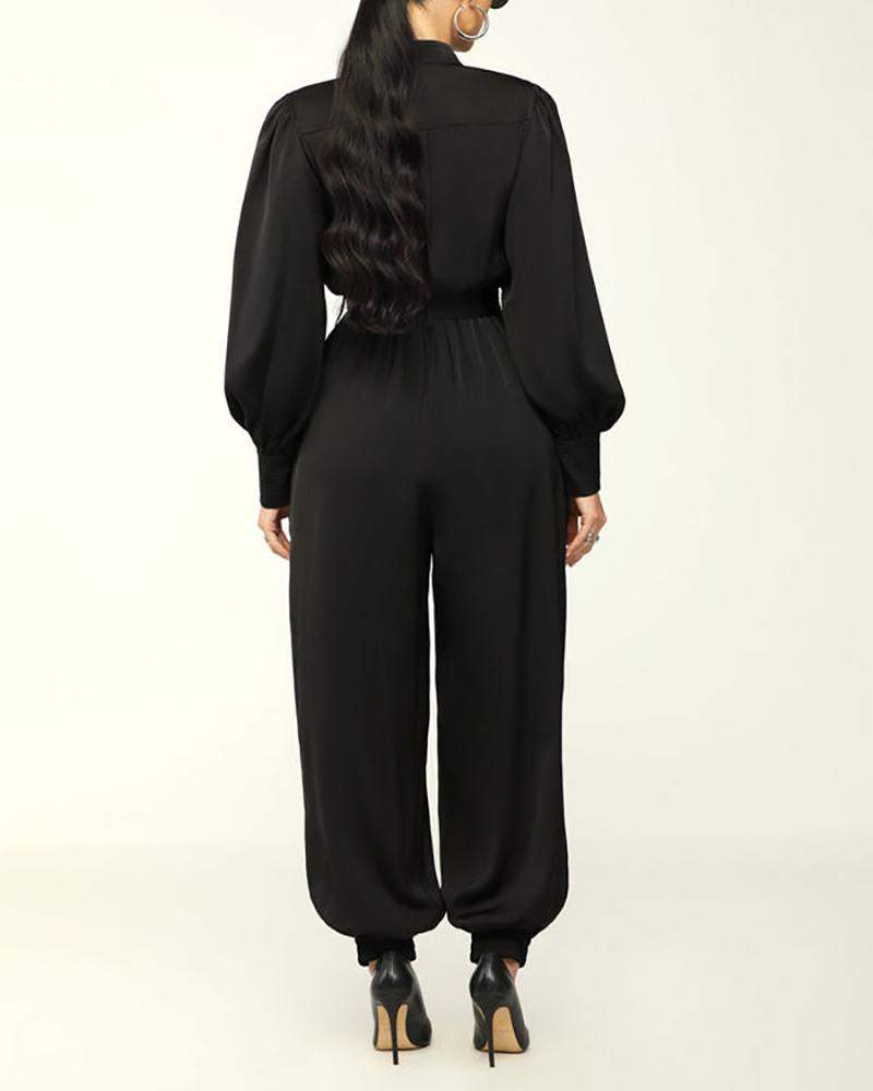 Solid color long sleeve lantern jumpsuit